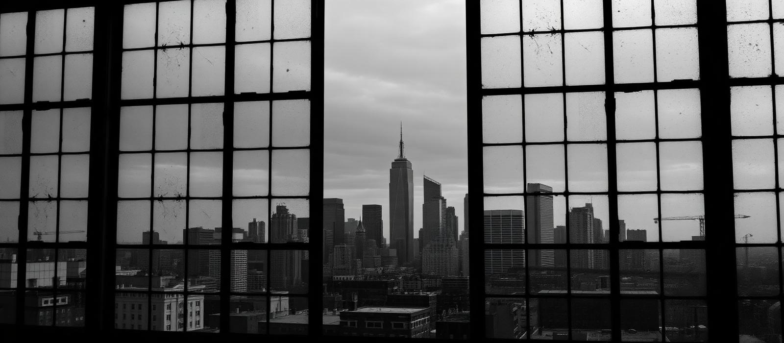 City skyline seen through office windows